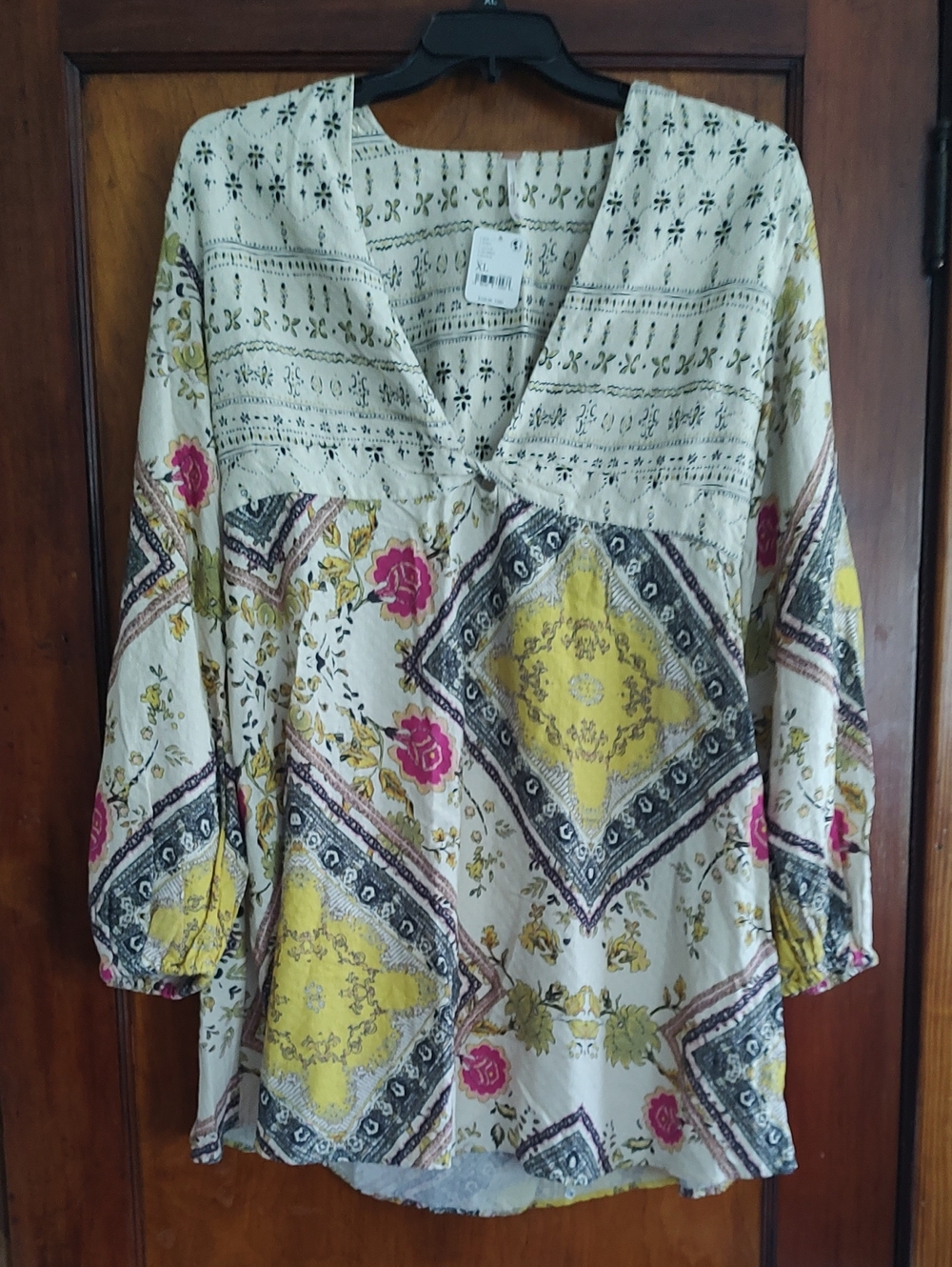Free People Cream Tunic with Yellow & Pink Floral Patchwork